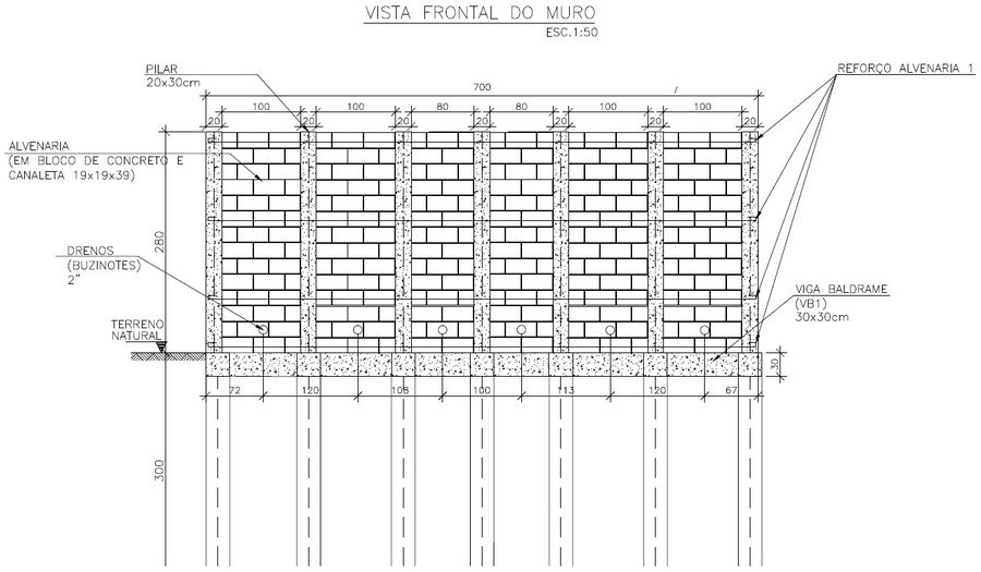 Corte A-A do muro de contenção